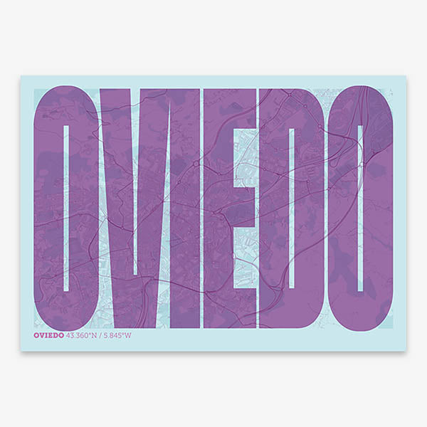 Decorative map of Oviedo and letters of its name in a giclée print designed in purple and light blue