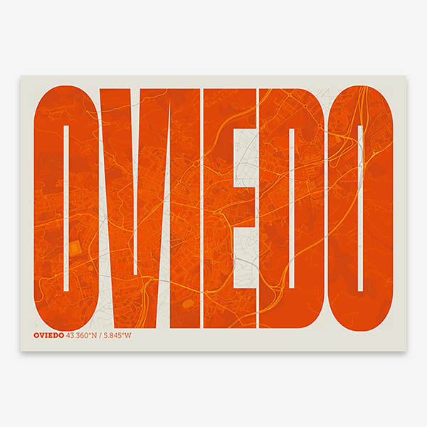 Decorative map of Oviedo and letters of its name in a giclée print designed in orange and an off-white background
