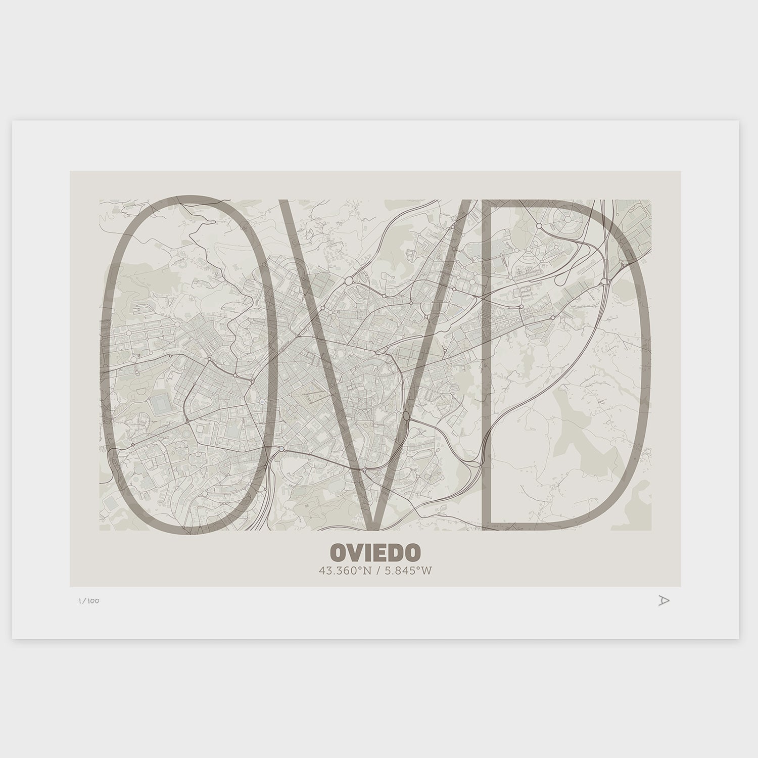 Lámina tipográfica de Oviedo – diseño Ultrafina, sin marco sobre papel