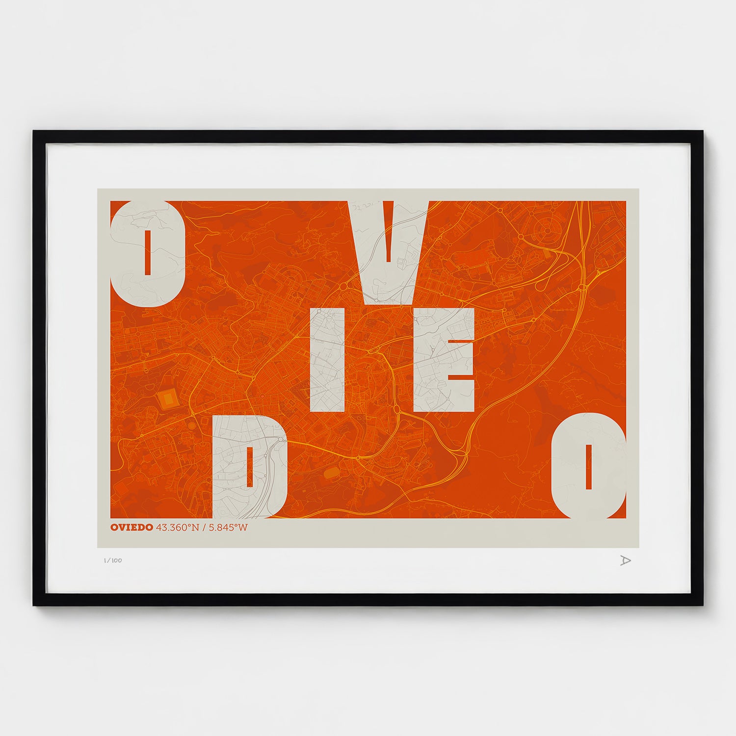 Lámina tipográfica de Oviedo – diseño Revoltosa, marco negro