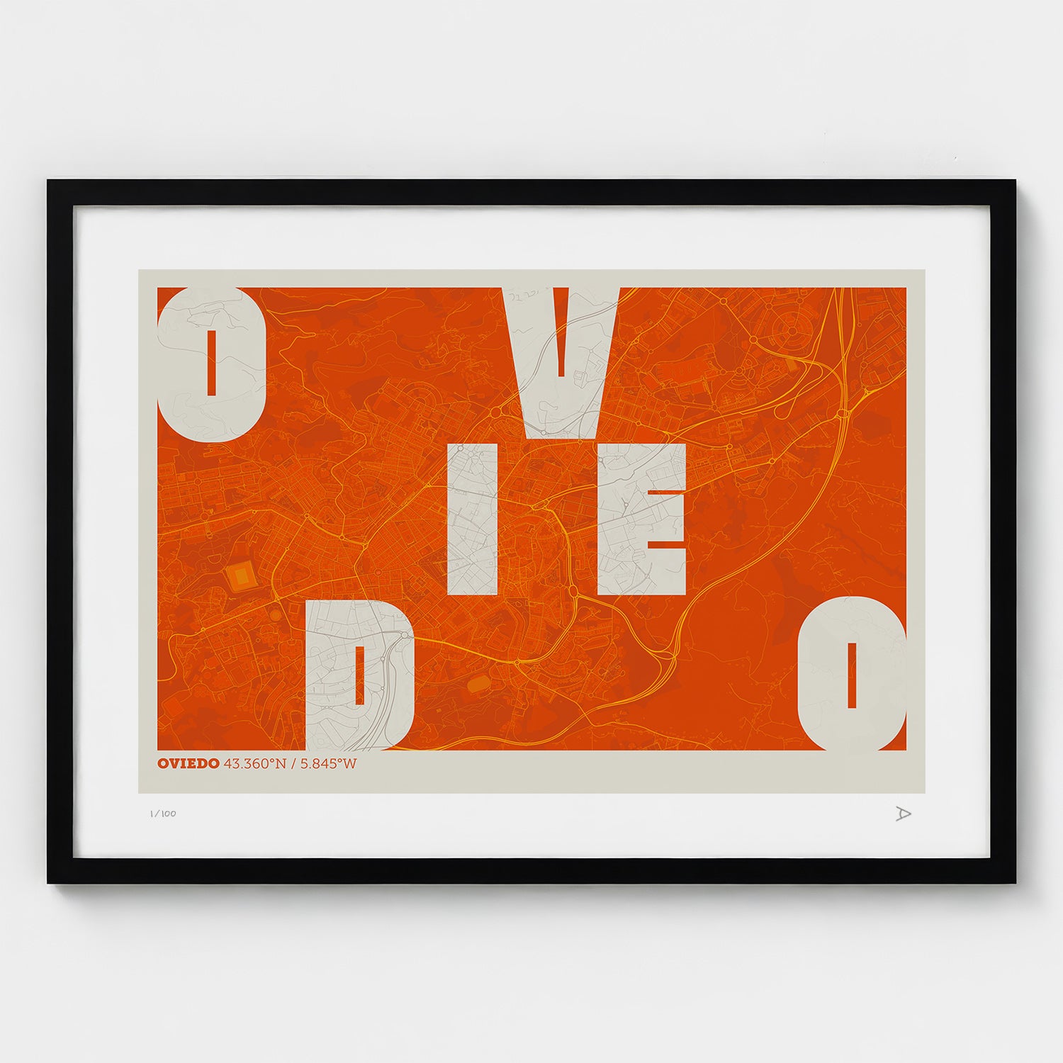 Lámina tipográfica de Oviedo – diseño Revoltosa, marco negro