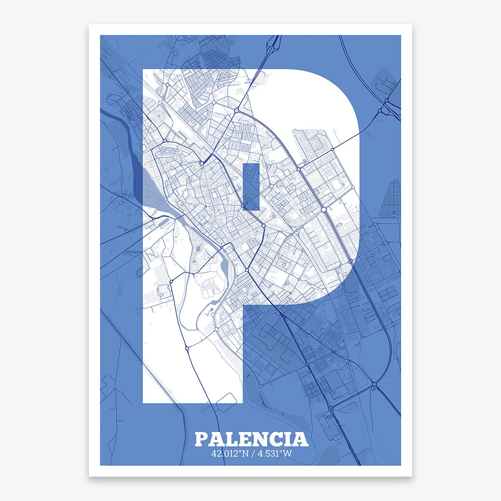 Decorative print of Palencia composed with letters in a heavy geometric font printed on navy blue and white