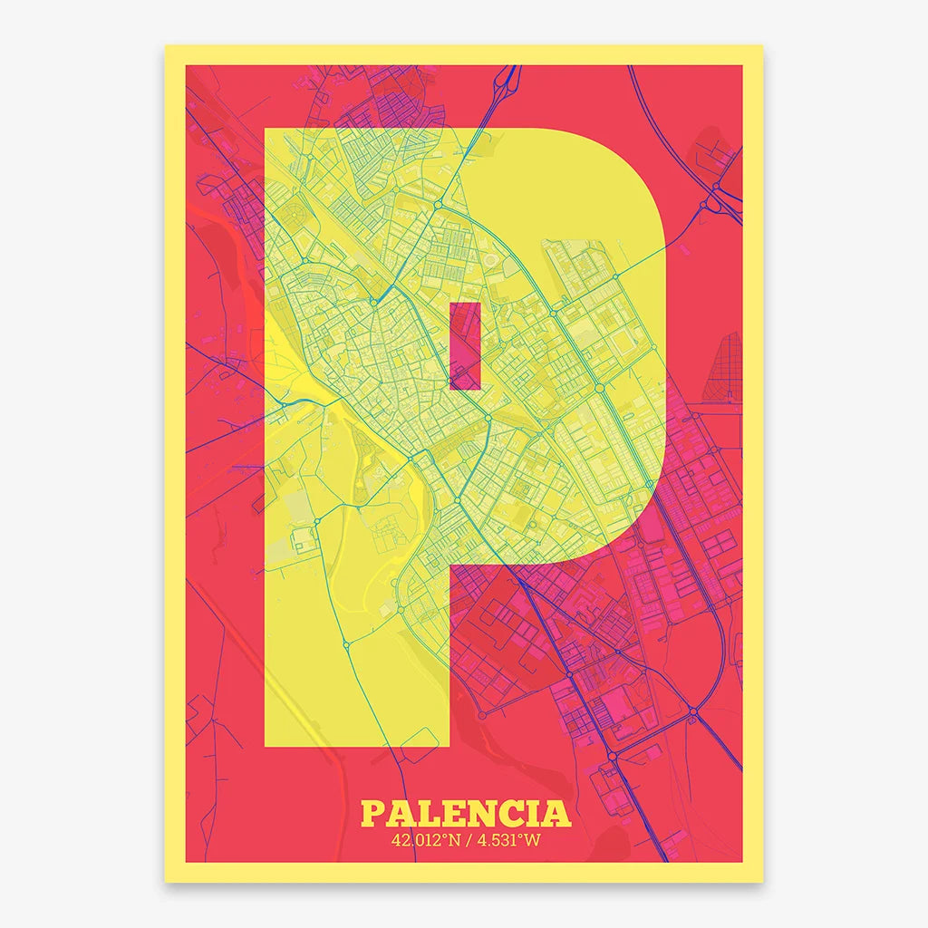 Decorative print of Palencia composed with letters in a heavy geometric font printed on yellow and fuchsia