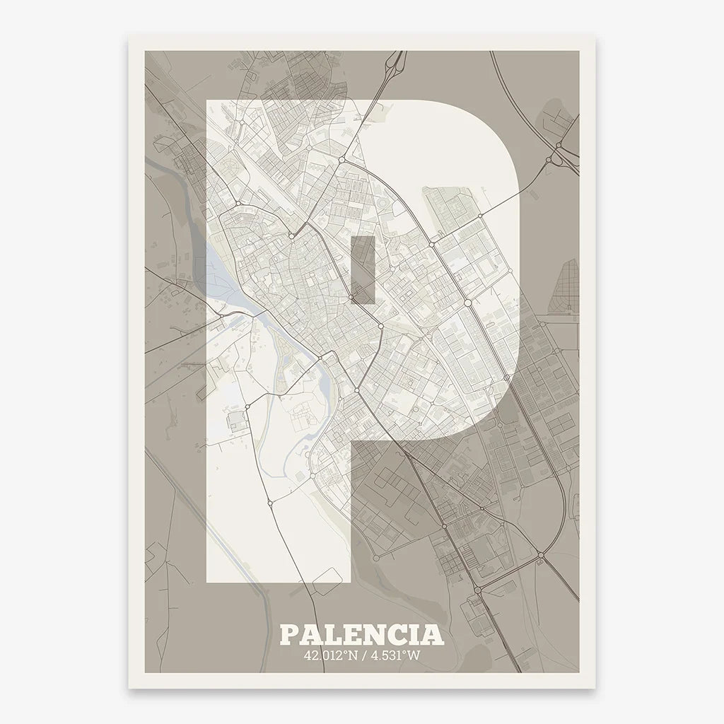 Decorative print of Palencia composed with letters in a heavy geometric font printed on light brown and an off-white background
