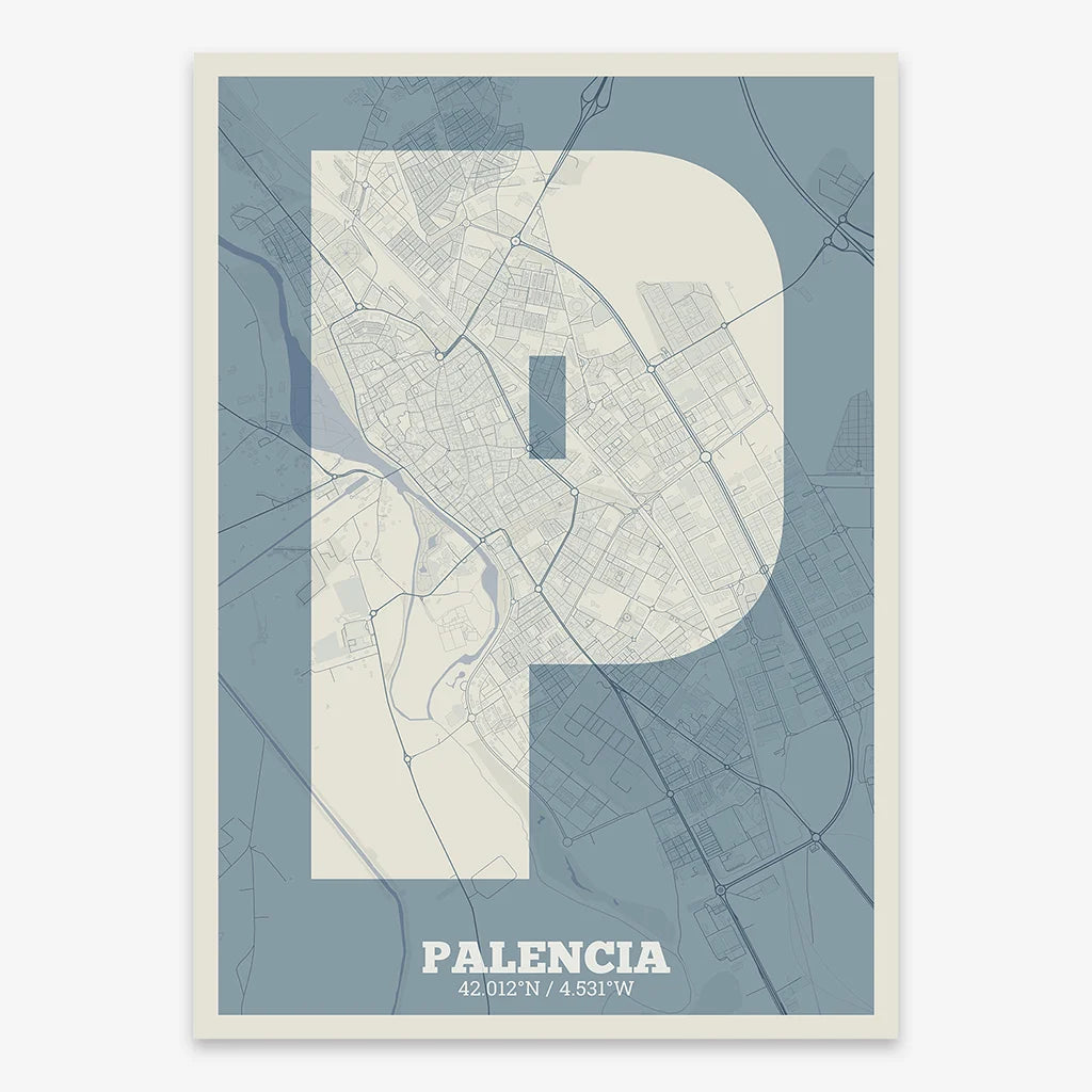 Decorative print of Palencia composed with letters in a heavy geometric font printed on bluish gray and an off-white background