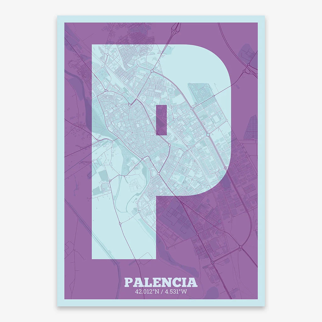 Decorative print of Palencia composed with letters in a heavy geometric font printed on purple and light blue
