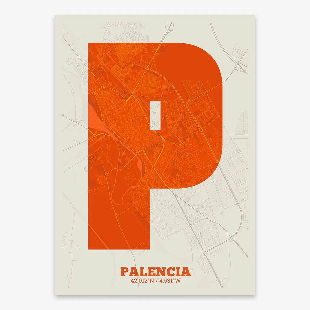 Decorative print of Palencia composed with letters in a heavy geometric font printed on orange and an off-white background