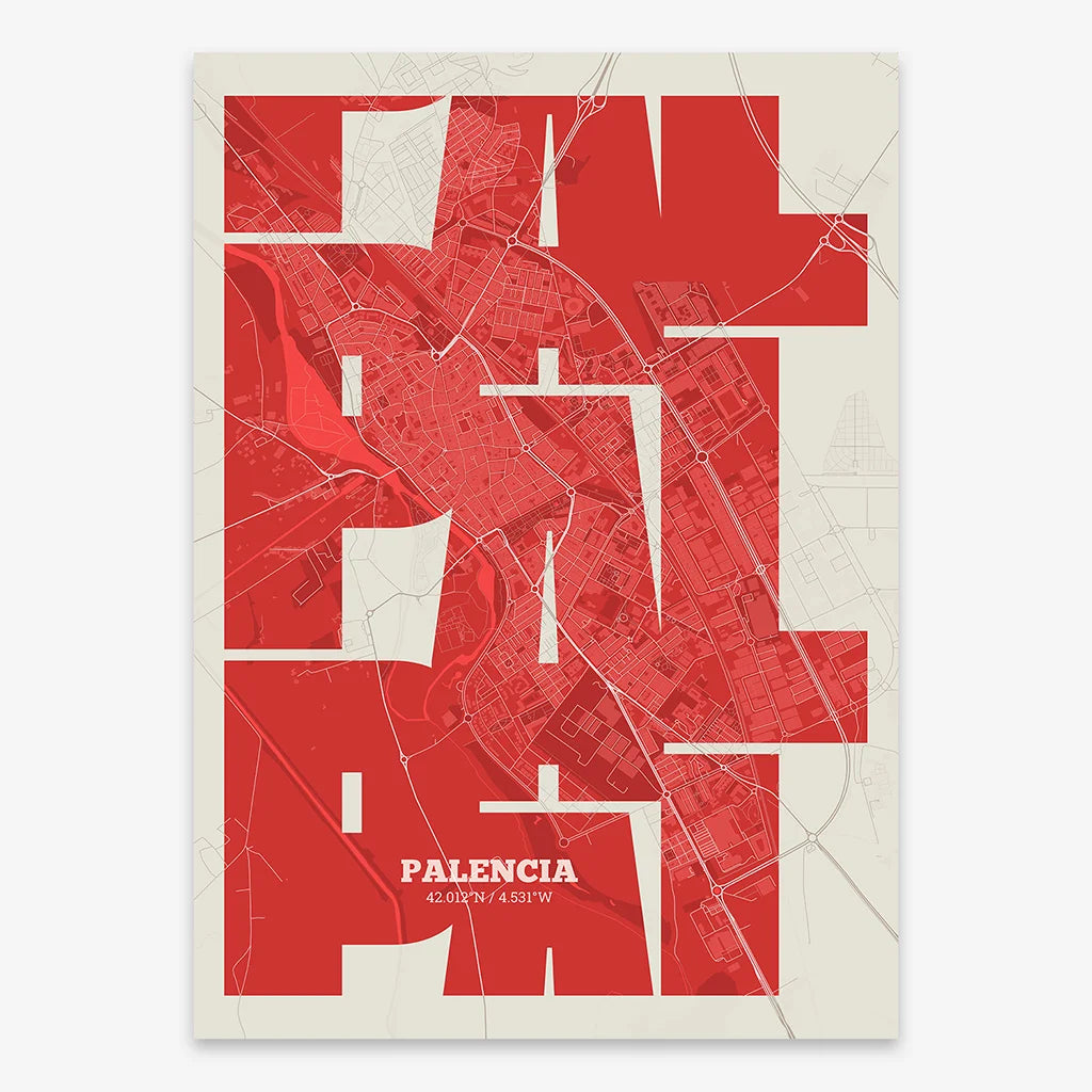 Poster of Palencia composed with letters from its abbreviation or its airport IATA code printed on red and an off-white background