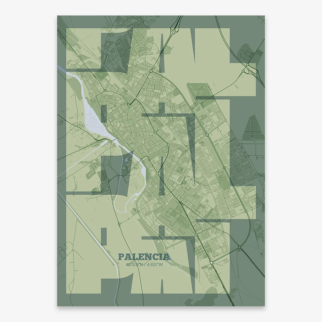 Poster of Palencia composed with letters from its abbreviation or its airport IATA code printed on two green tones