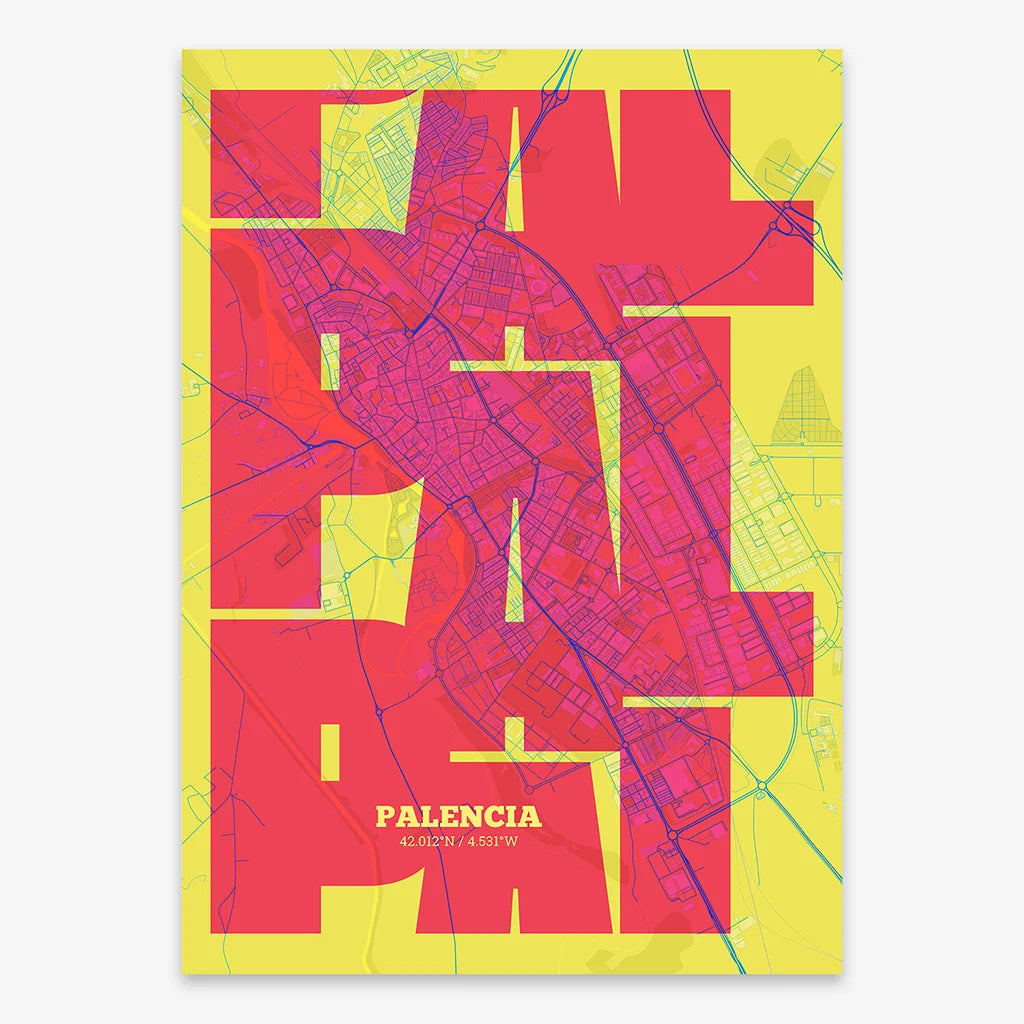 Poster of Palencia composed with letters from its abbreviation or its airport IATA code printed on yellow and fuchsia