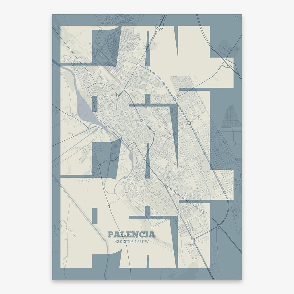 Poster of Palencia composed with letters from its abbreviation or its airport IATA code printed on bluish gray and an off-white background