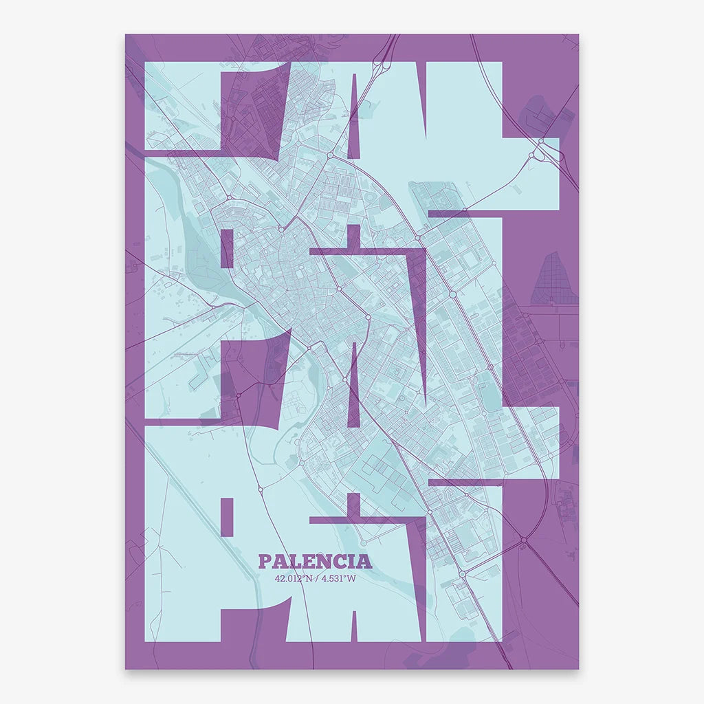 Poster of Palencia composed with letters from its abbreviation or its airport IATA code printed on purple and light blue