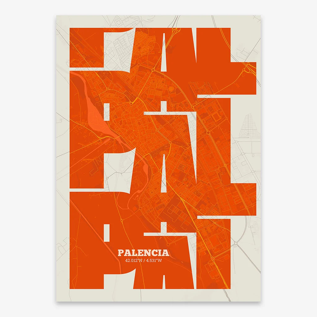 Poster of Palencia composed with letters from its abbreviation or its airport IATA code printed on orange and an off-white background