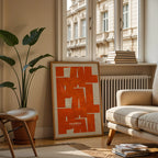 Modern interior design with a Palencia in Inseparable design, featuring the city's abbreviation in expressive typography over a detailed urban map designed in orange and an off-white background, displayed on a living room wall