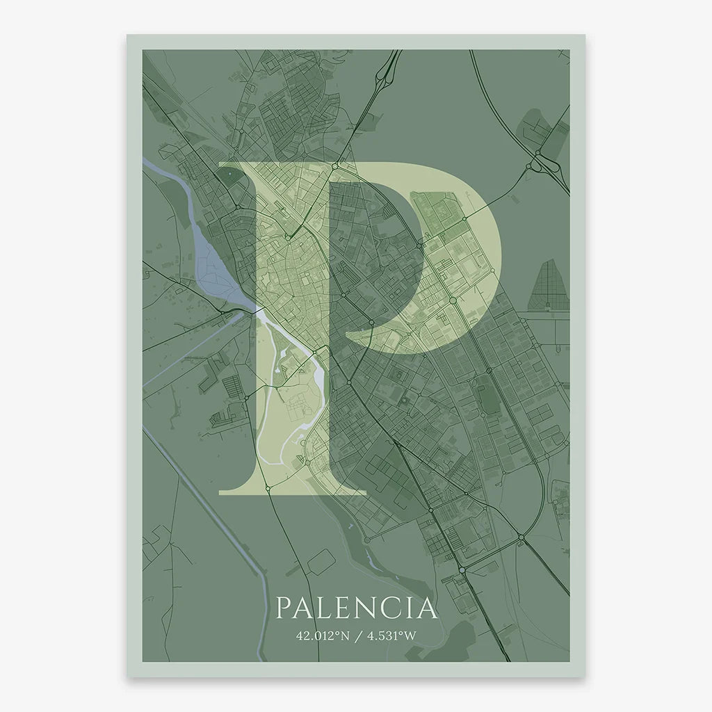 Decorative map of Palencia composed with letters in serif font printed on two green tones