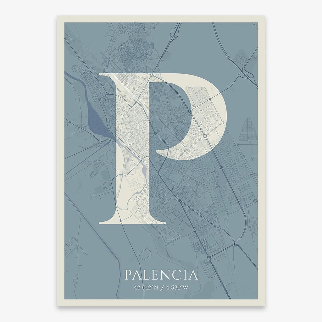Decorative map of Palencia composed with letters in serif font printed on bluish gray and an off-white background