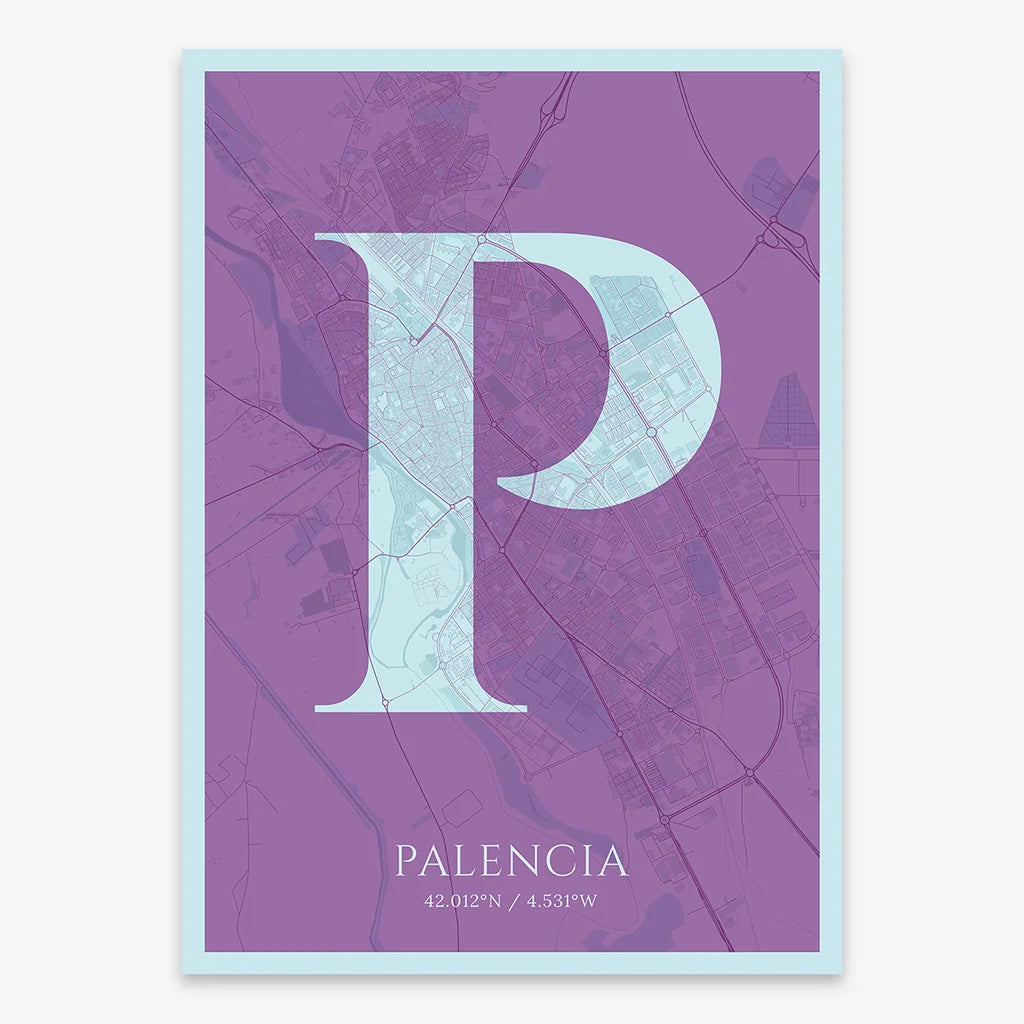 Decorative map of Palencia composed with letters in serif font printed on purple and light blue