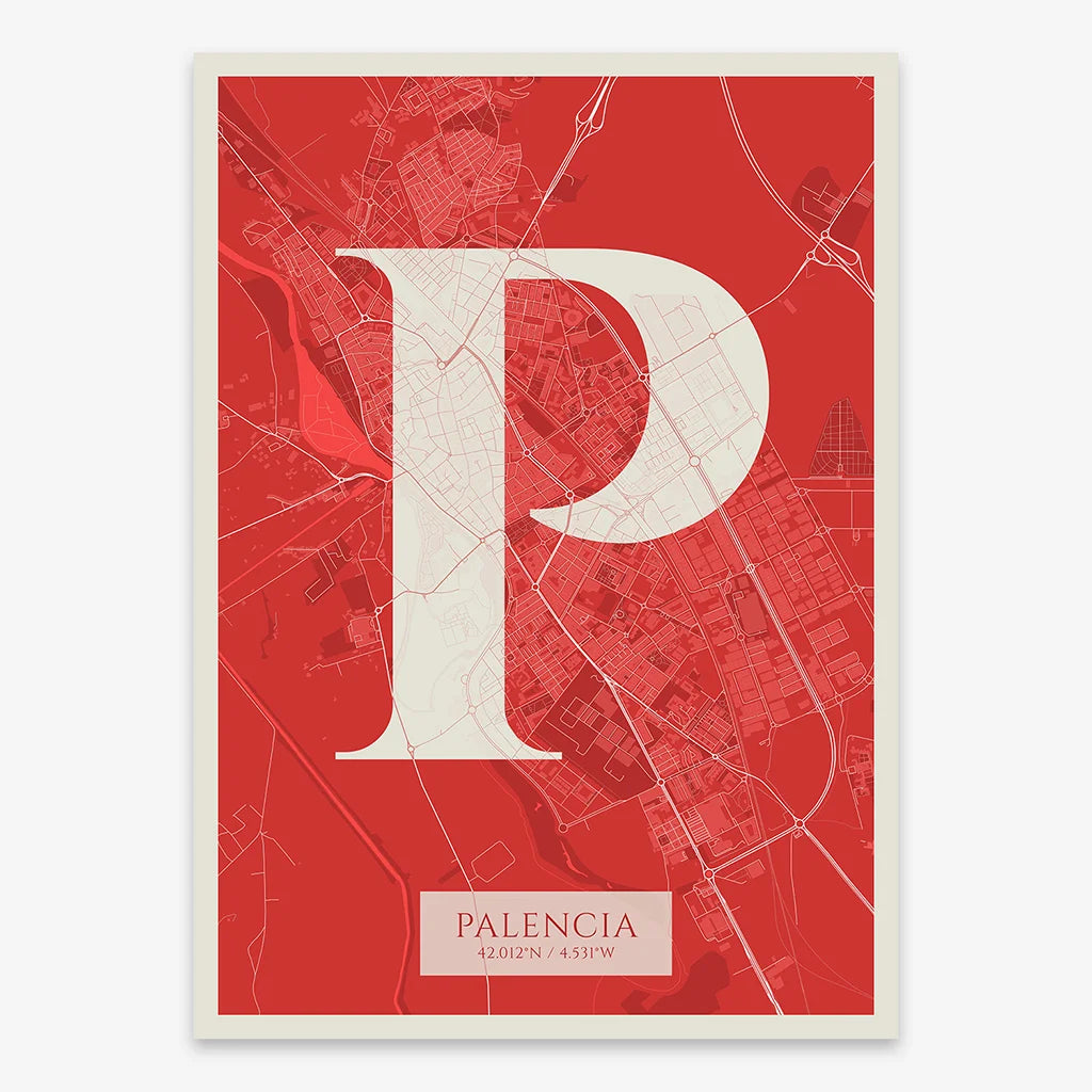 Decorative map of Palencia composed with letters in serif font printed on red and an off-white background