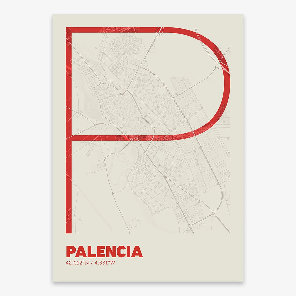 Poster of Palencia composed with letters in extra light font printed on red and an off-white background