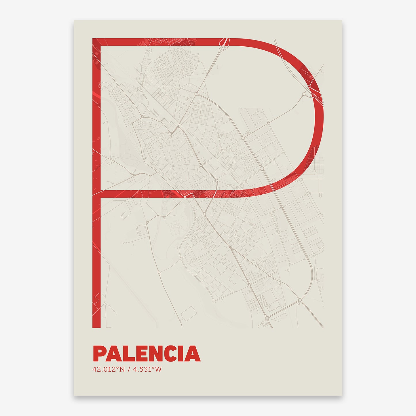 The map of Palencia composed with letters in extra light font printed on red and an off-white background