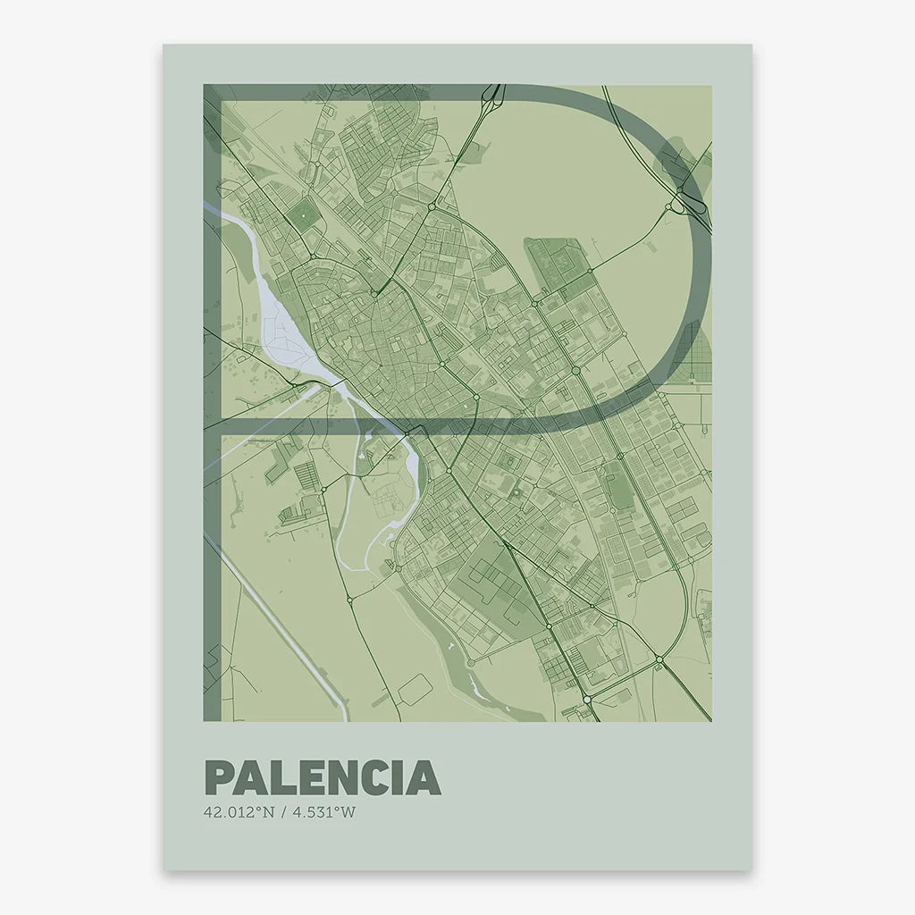 Poster of Palencia composed with letters in extra light font printed on two green tones