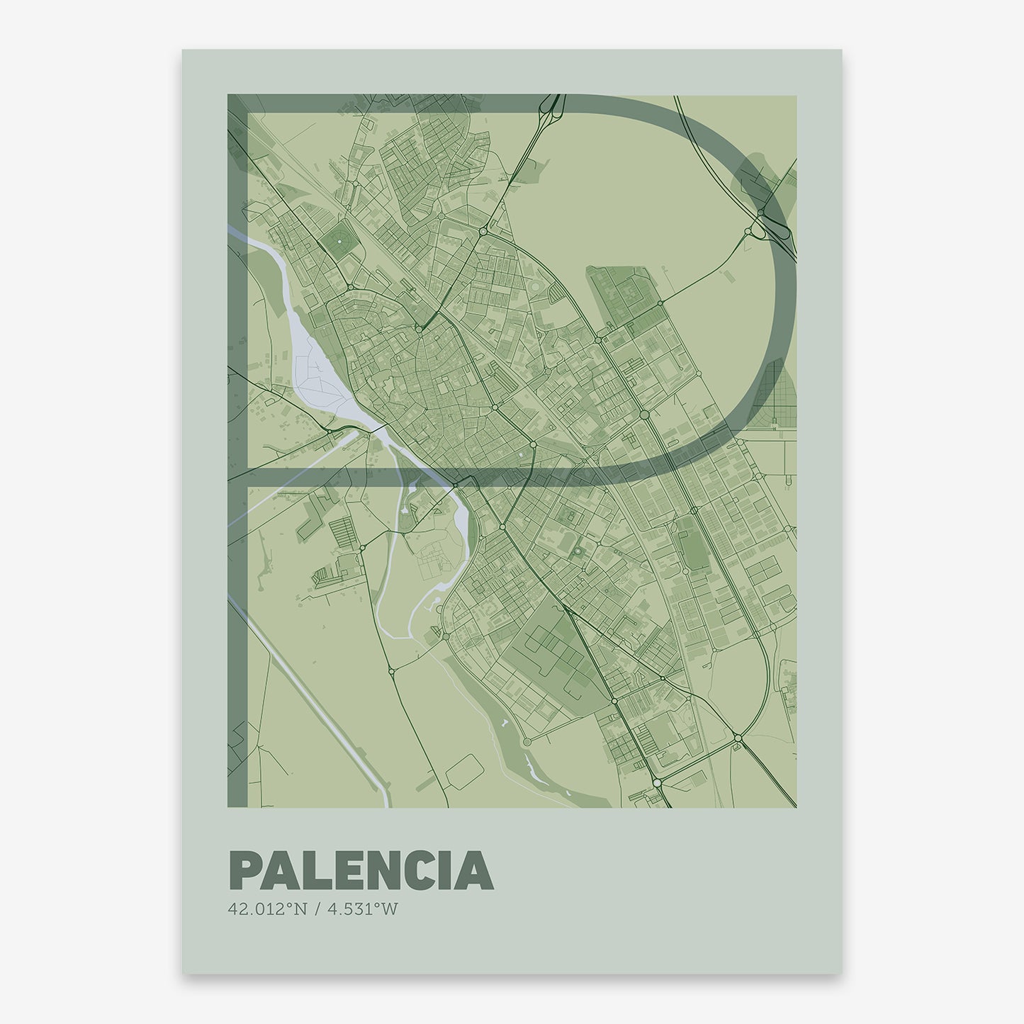 The map of Palencia composed with letters in extra light font printed on two green tones