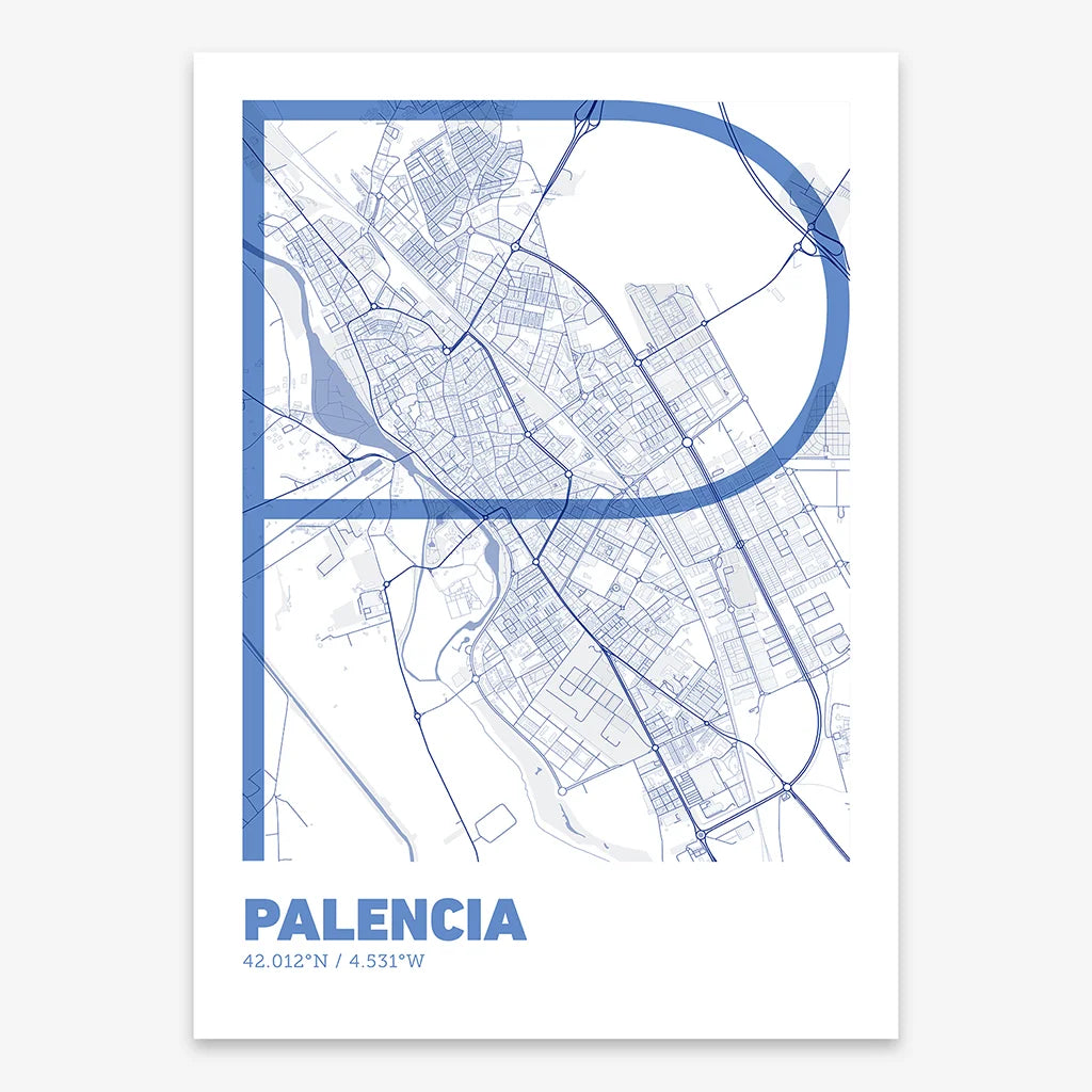 Poster of Palencia composed with letters in extra light font printed on navy blue and white