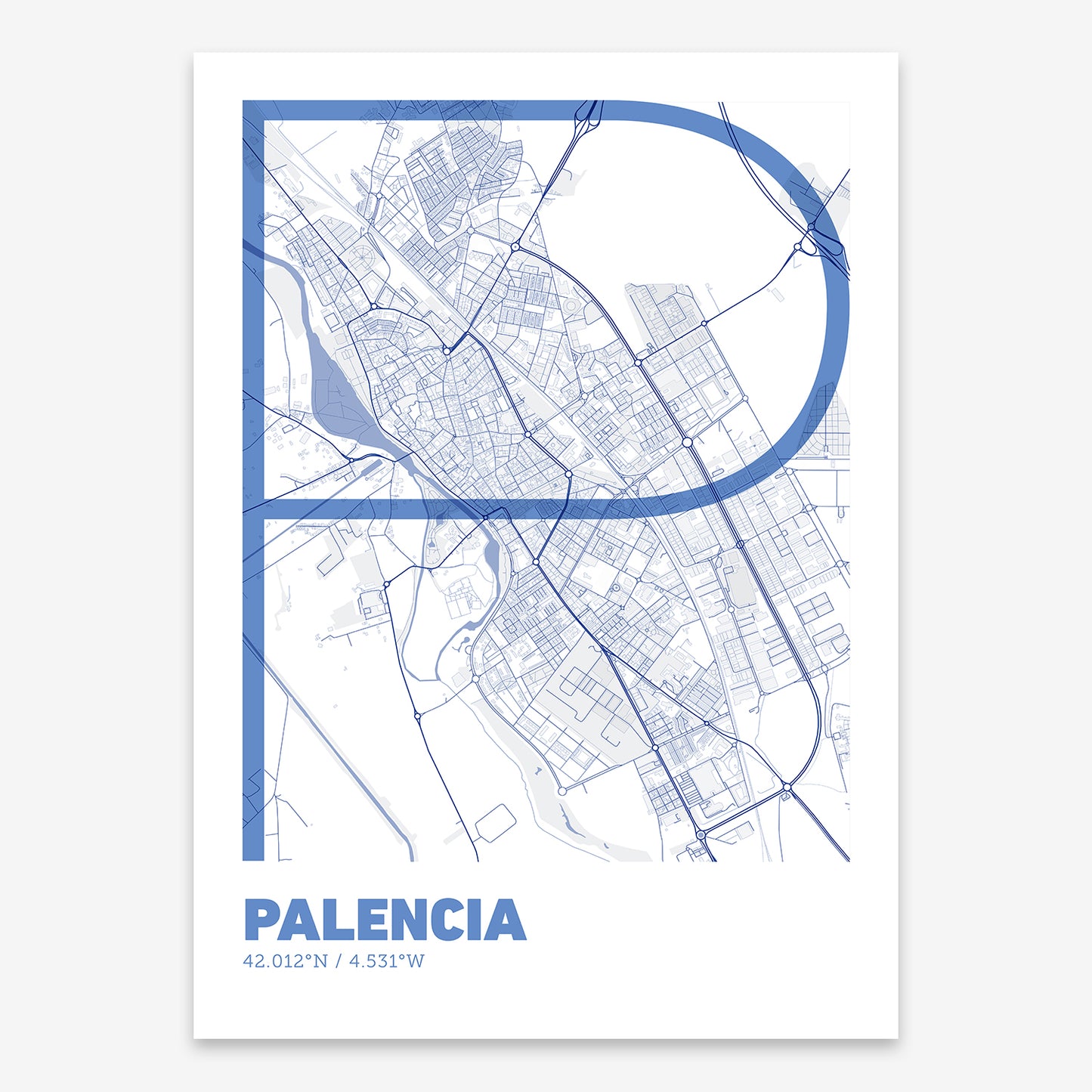 The map of Palencia composed with letters in extra light font printed on navy blue and white