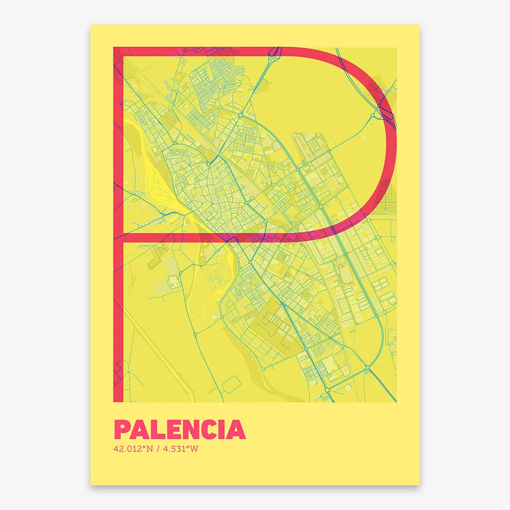 Poster of Palencia composed with letters in extra light font printed on yellow and fuchsia