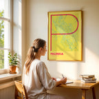 Modern interior design with a Palencia in Ultralight design, a minimalist aesthetic combining urban cartography with modern, extra-thin elegant lettering designed in yellow and fuchsia, displayed on a living room wall