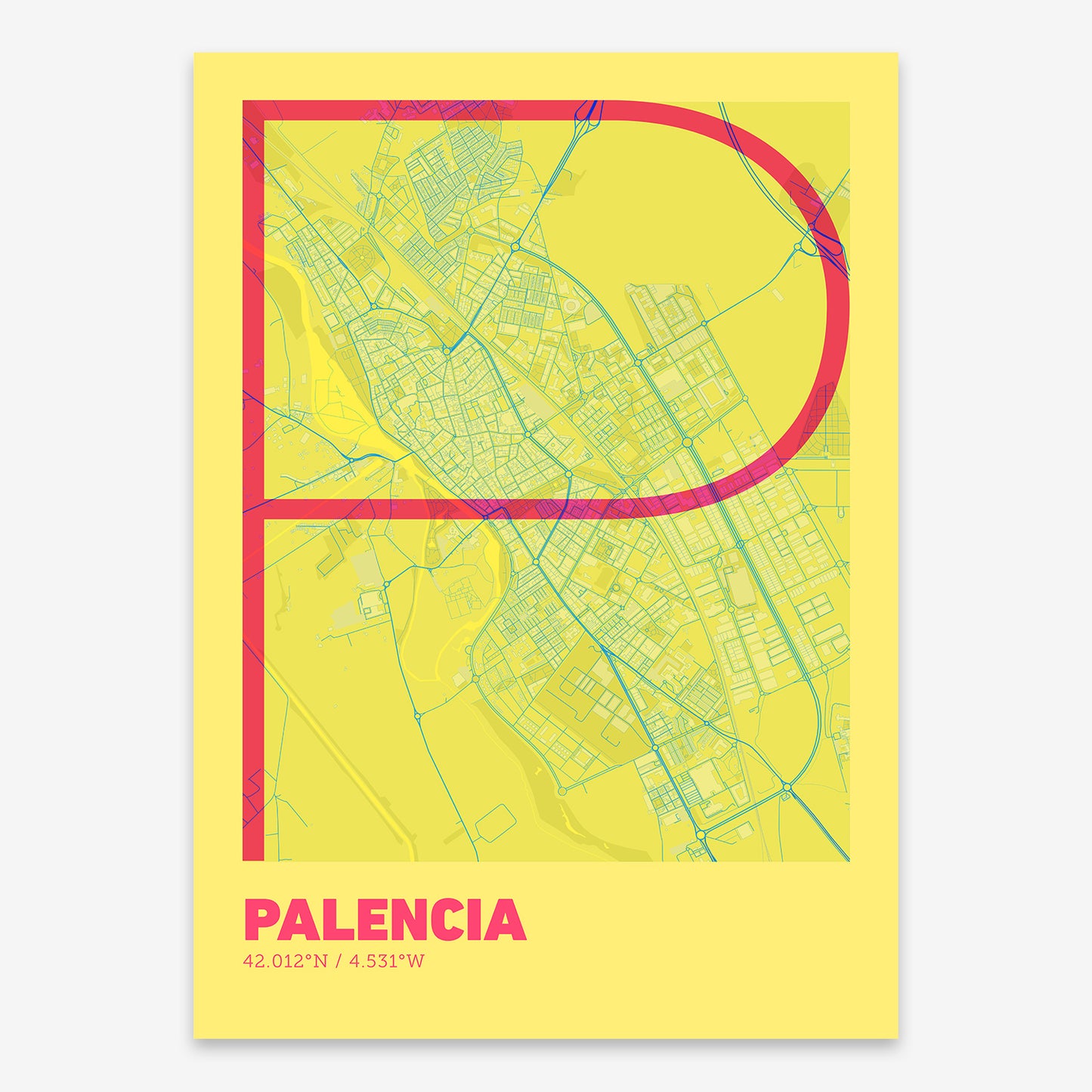 The map of Palencia composed with letters in extra light font printed on yellow and fuchsia