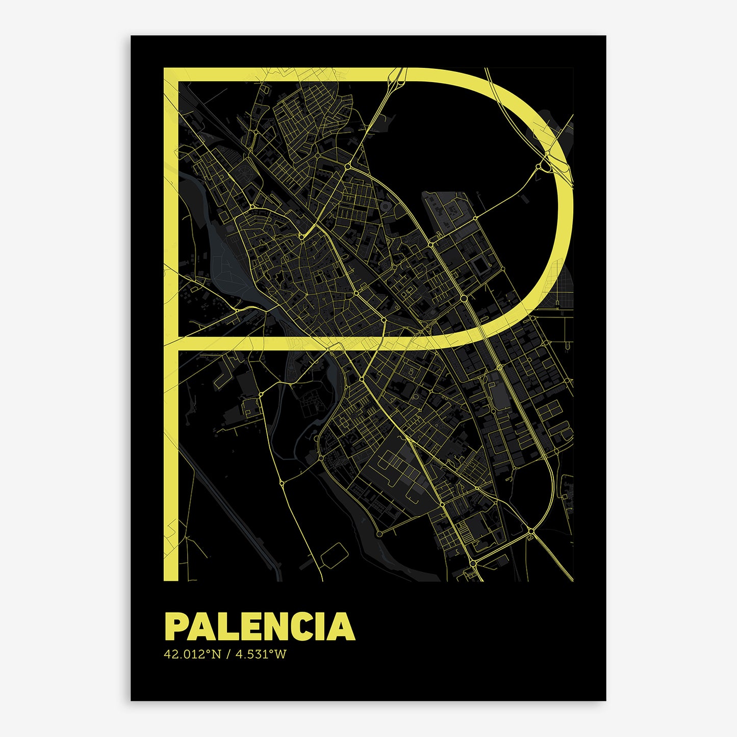 The map of Palencia composed with letters in extra light font printed on black and yellow