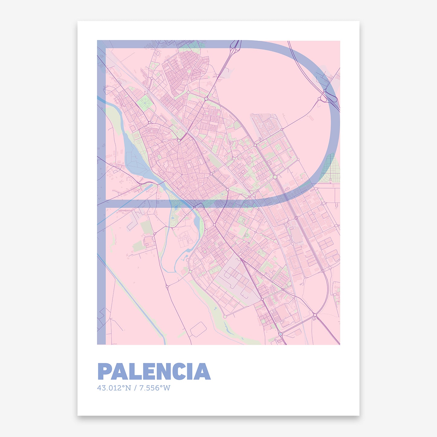 The map of Palencia composed with letters in extra light font printed on pink and light blue