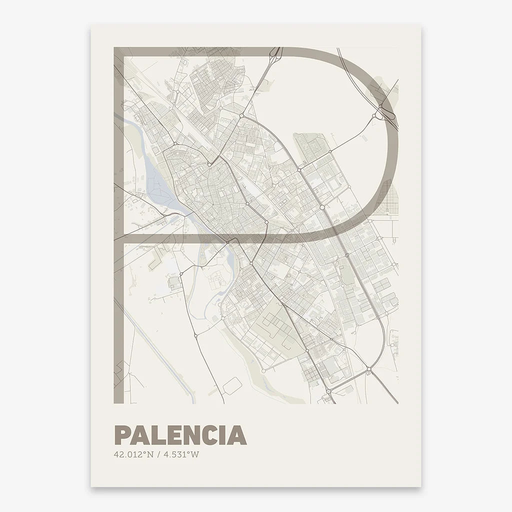 Poster of Palencia composed with letters in extra light font printed on light brown and an off-white background