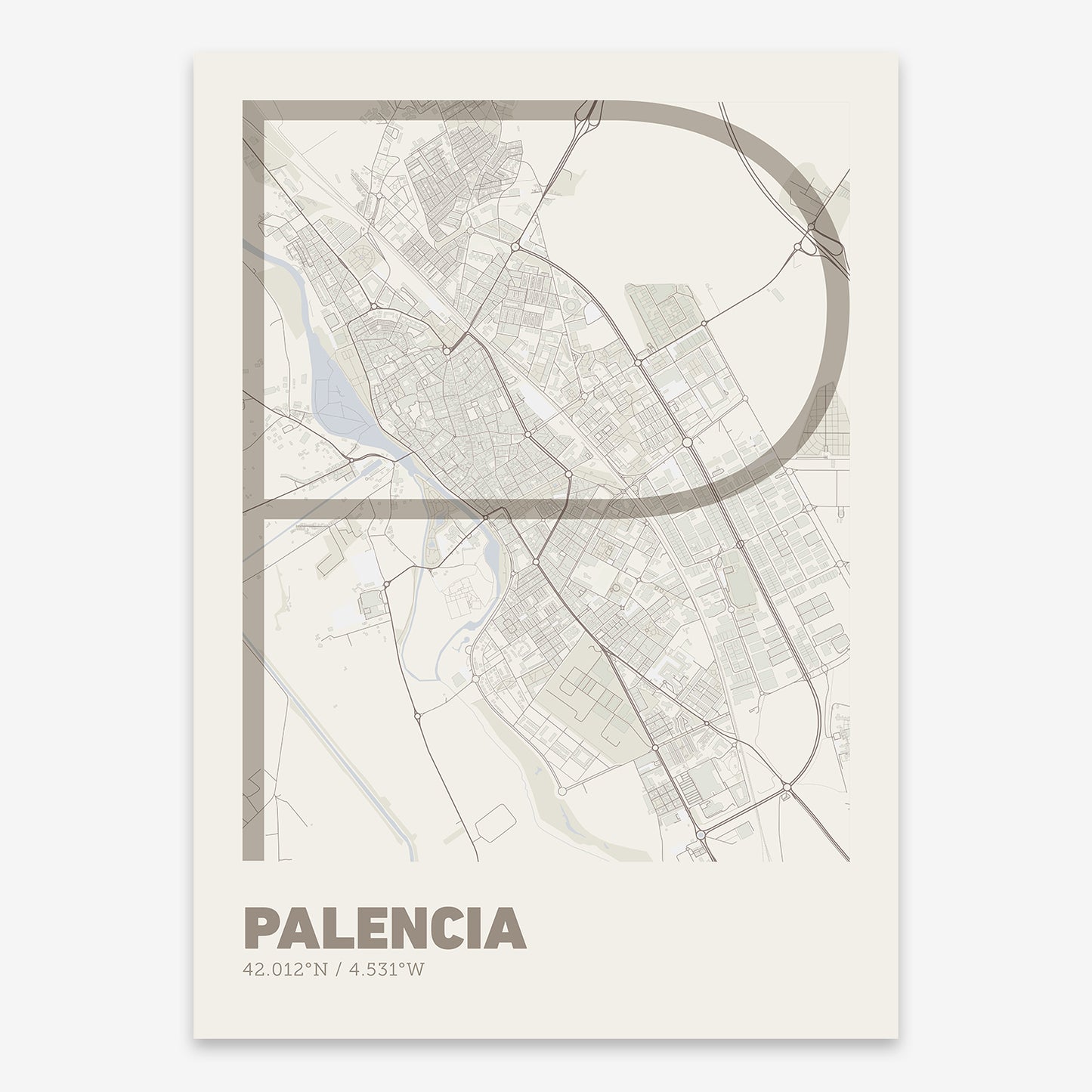 The map of Palencia composed with letters in extra light font printed on light brown and an off-white background