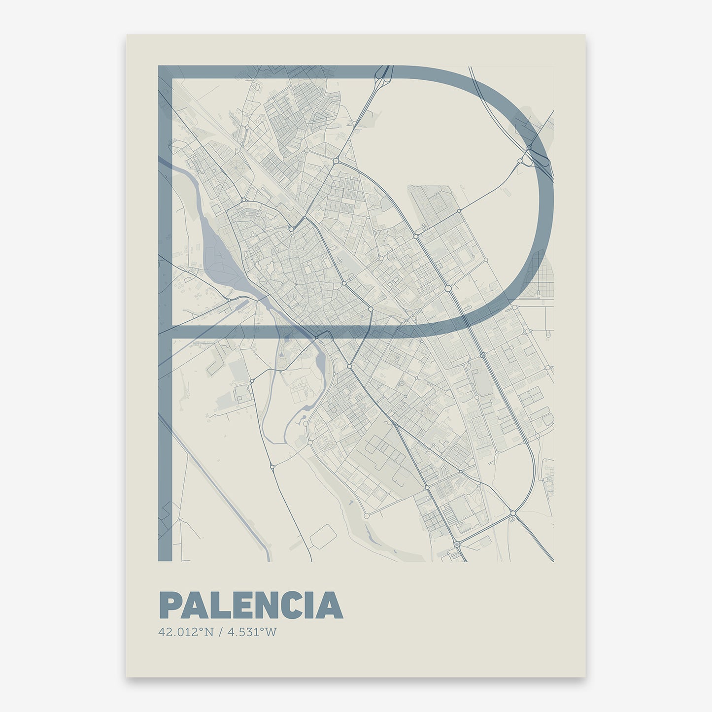 The map of Palencia composed with letters in extra light font printed on bluish gray and an off-white background