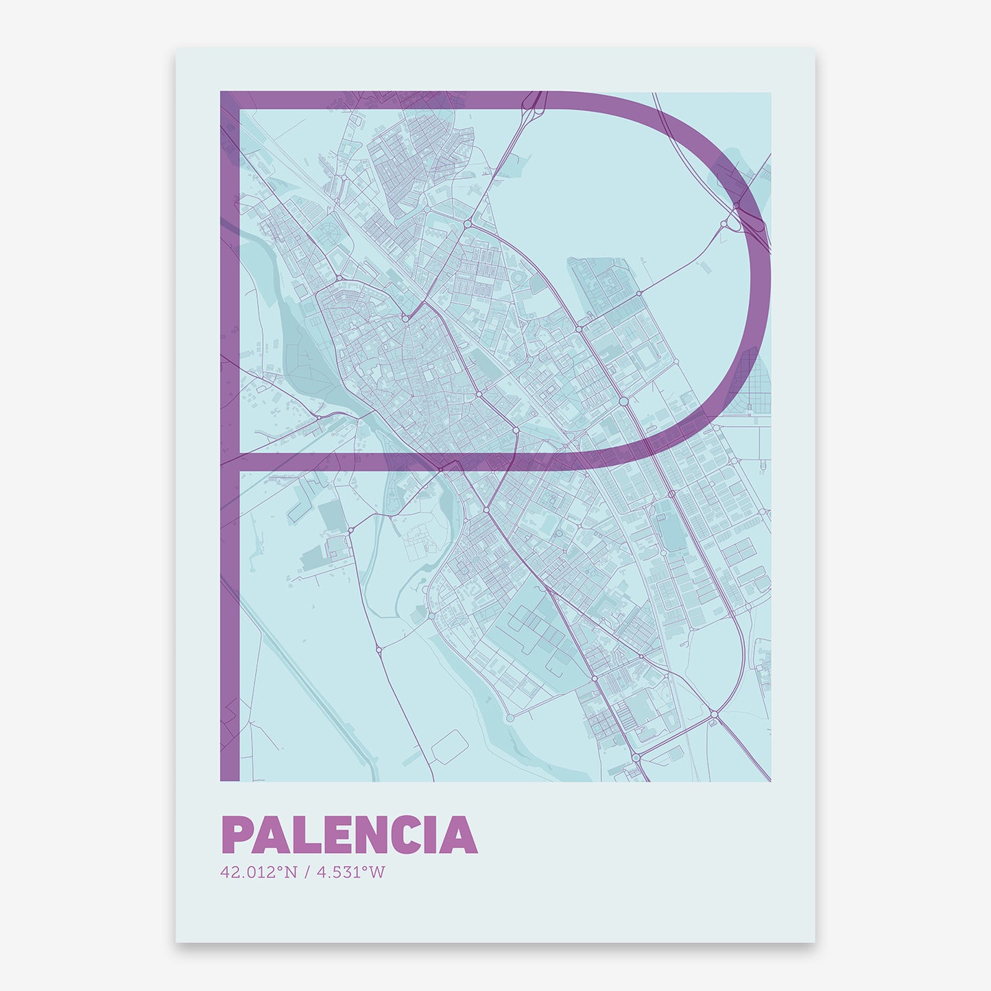 The map of Palencia composed with letters in extra light font printed on purple and light blue