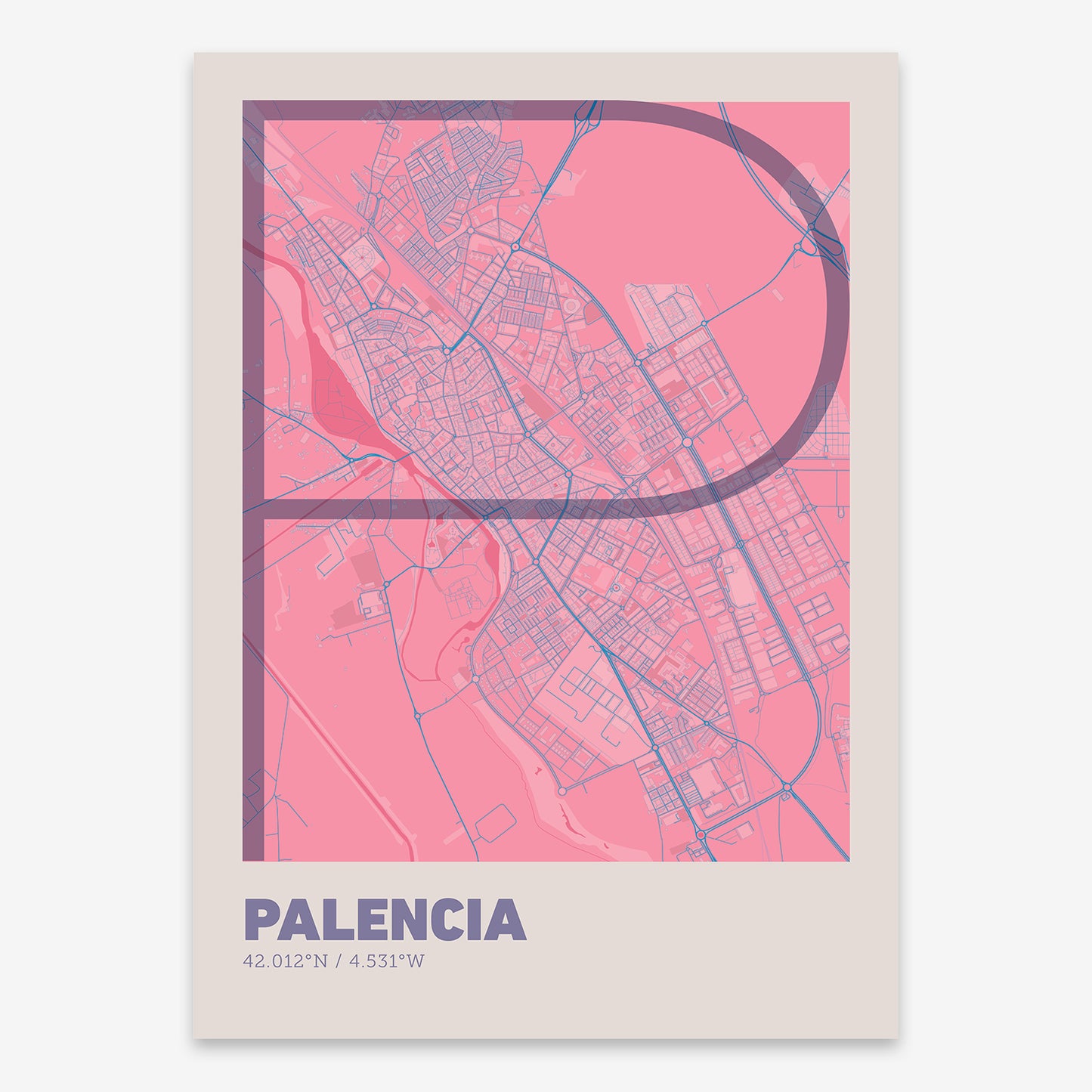 The map of Palencia composed with letters in extra light font printed on violet y pink background