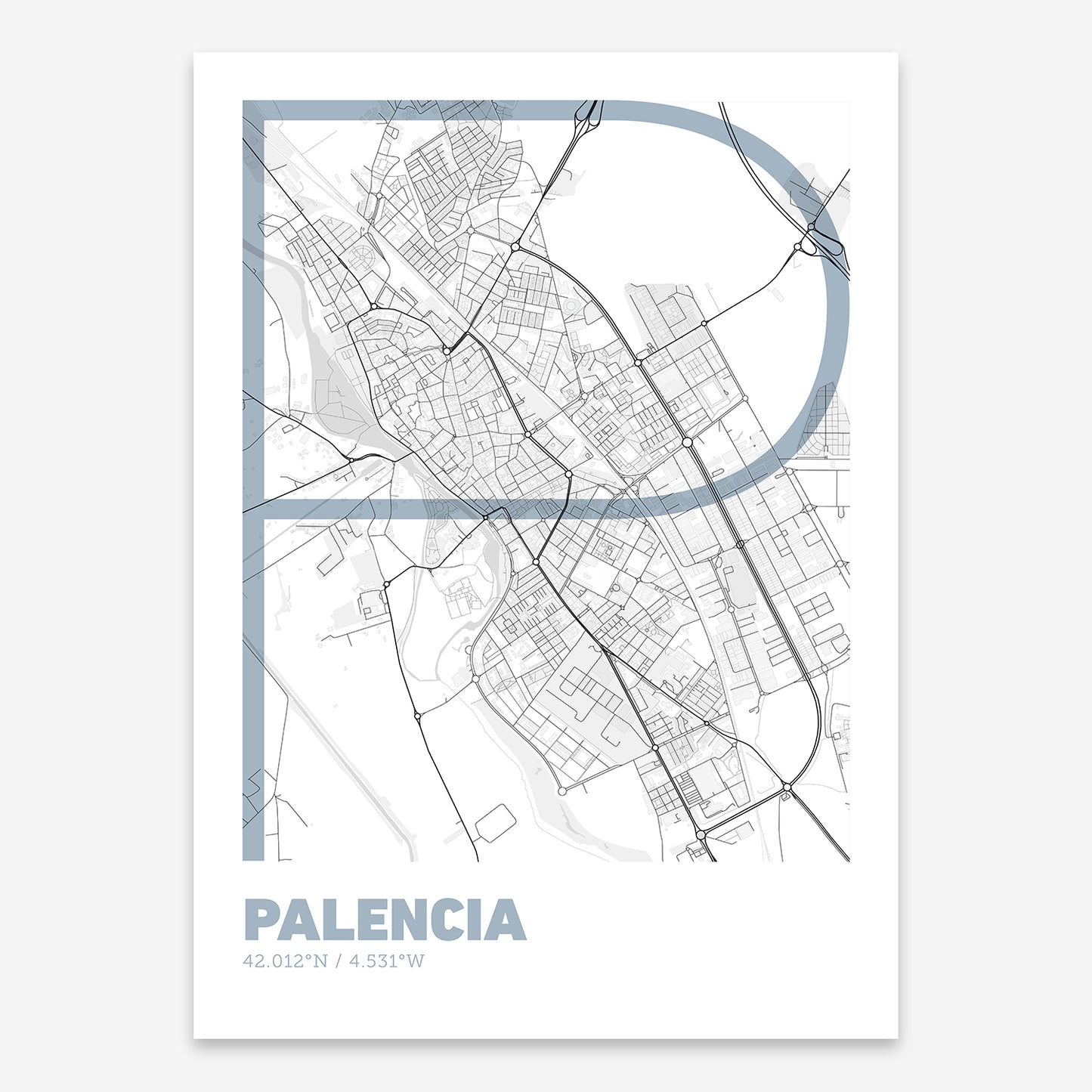 The map of Palencia composed with letters in extra light font printed on black and white