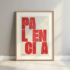 Framed Palencia in Unruled design, where the city name letters appear randomly across different lines for a truly original urban layout designed in red and an off-white background with a white margin border in a warm lit minimalist setting