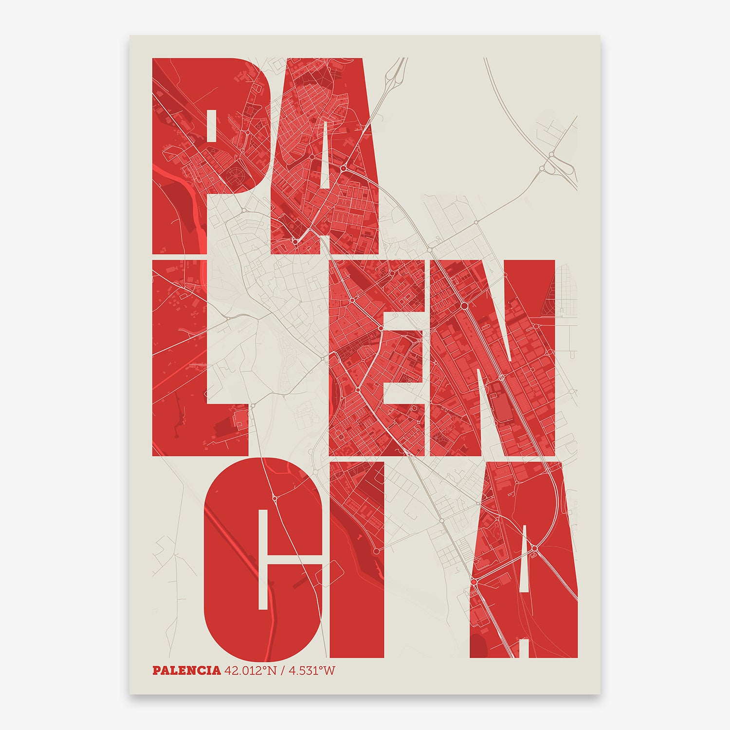 The map of Palencia with letters of its name placed randomly, designed in red and an off-white background