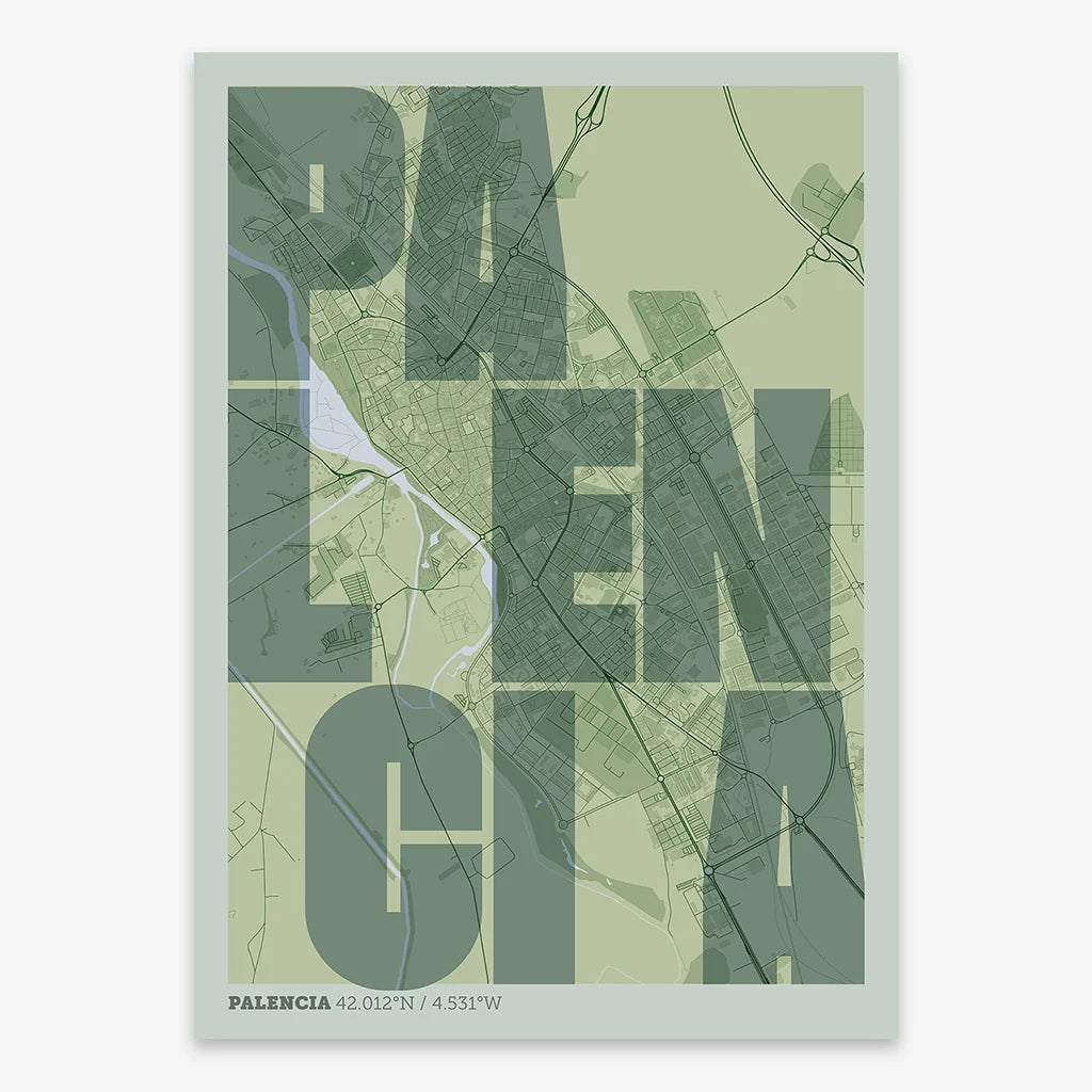 Decorative print of Palencia with letters of its name placed randomly, designed in two green tones