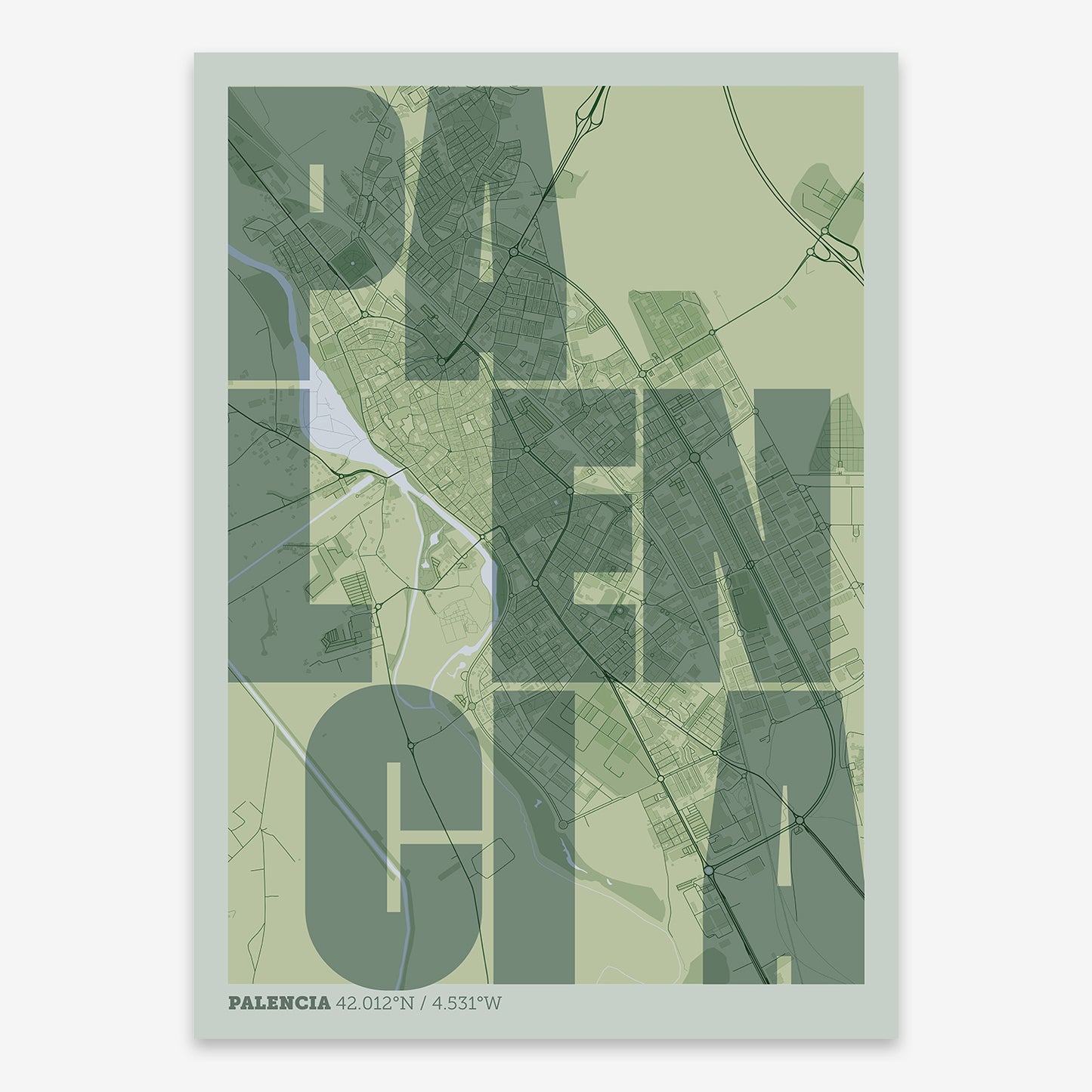 The map of Palencia with letters of its name placed randomly, designed in two green tones