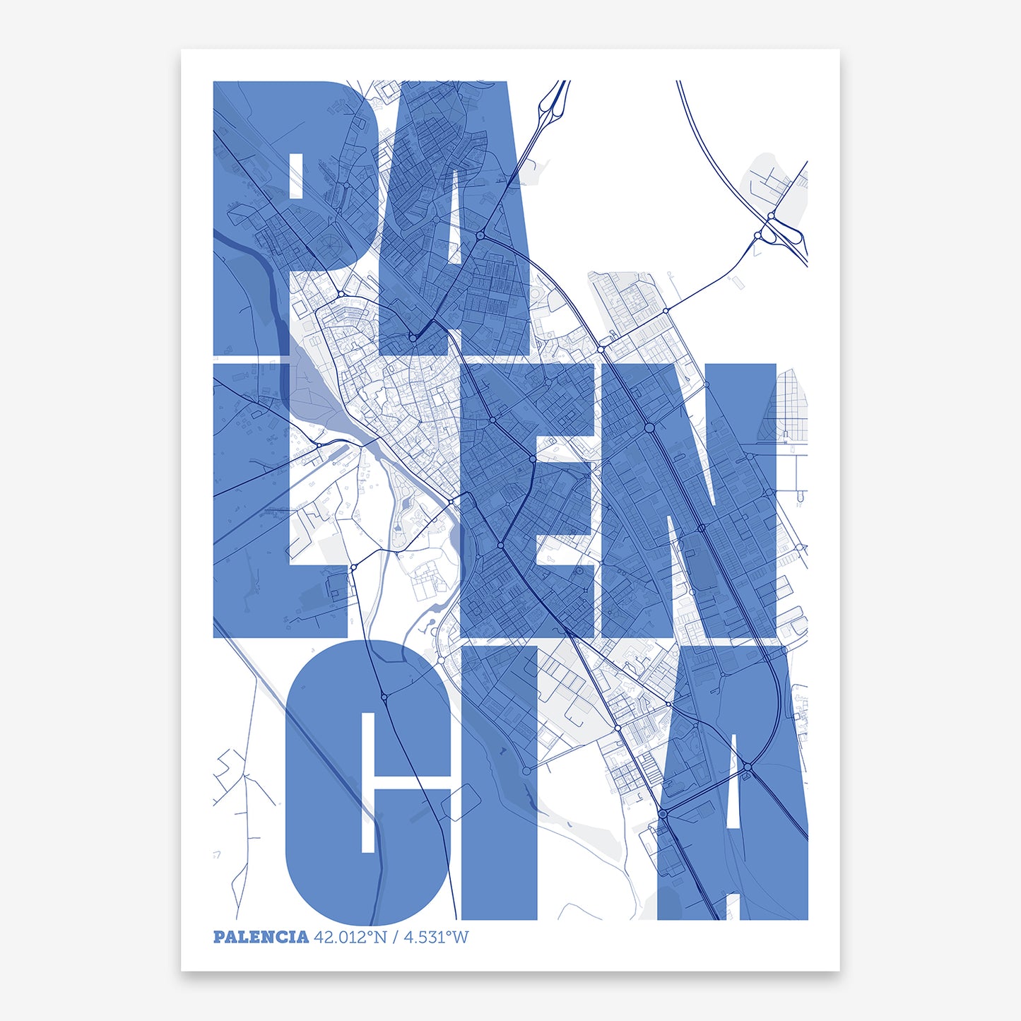 The map of Palencia with letters of its name placed randomly, designed in navy blue and white