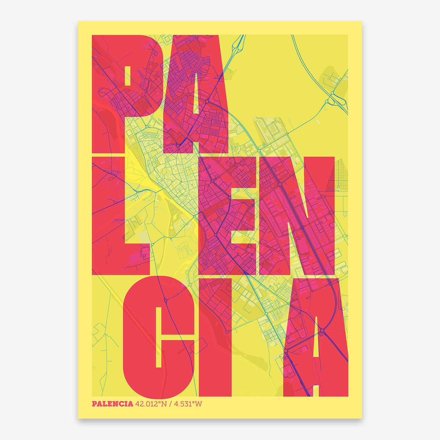 The map of Palencia with letters of its name placed randomly, designed in yellow and fuchsia