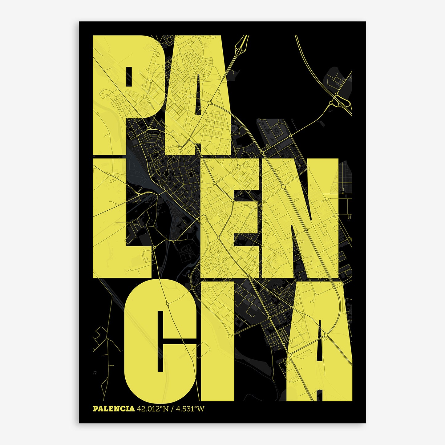 The map of Palencia with letters of its name placed randomly, designed in black and yellow