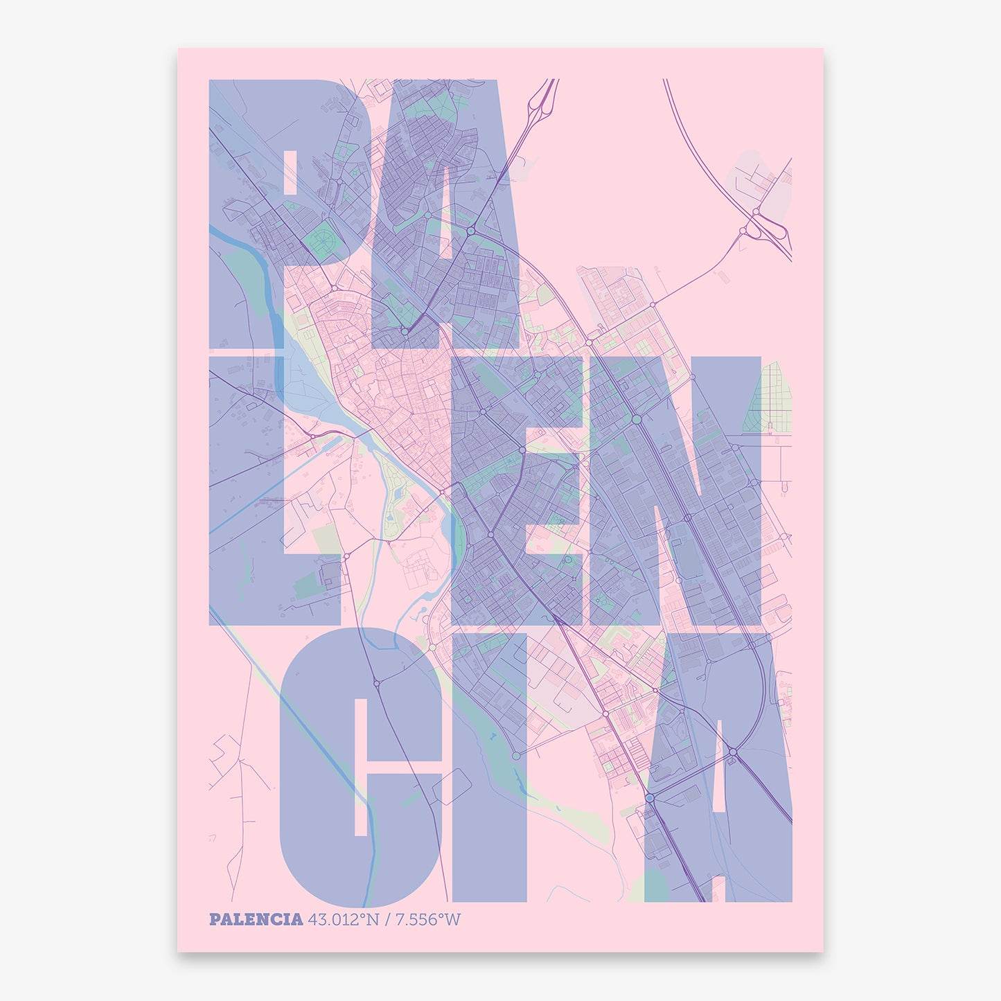 The map of Palencia with letters of its name placed randomly, designed in pink and light blue