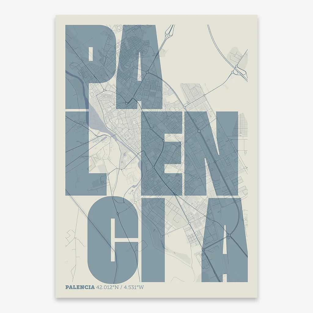 Decorative print of Palencia with letters of its name placed randomly, designed in bluish gray and an off-white background