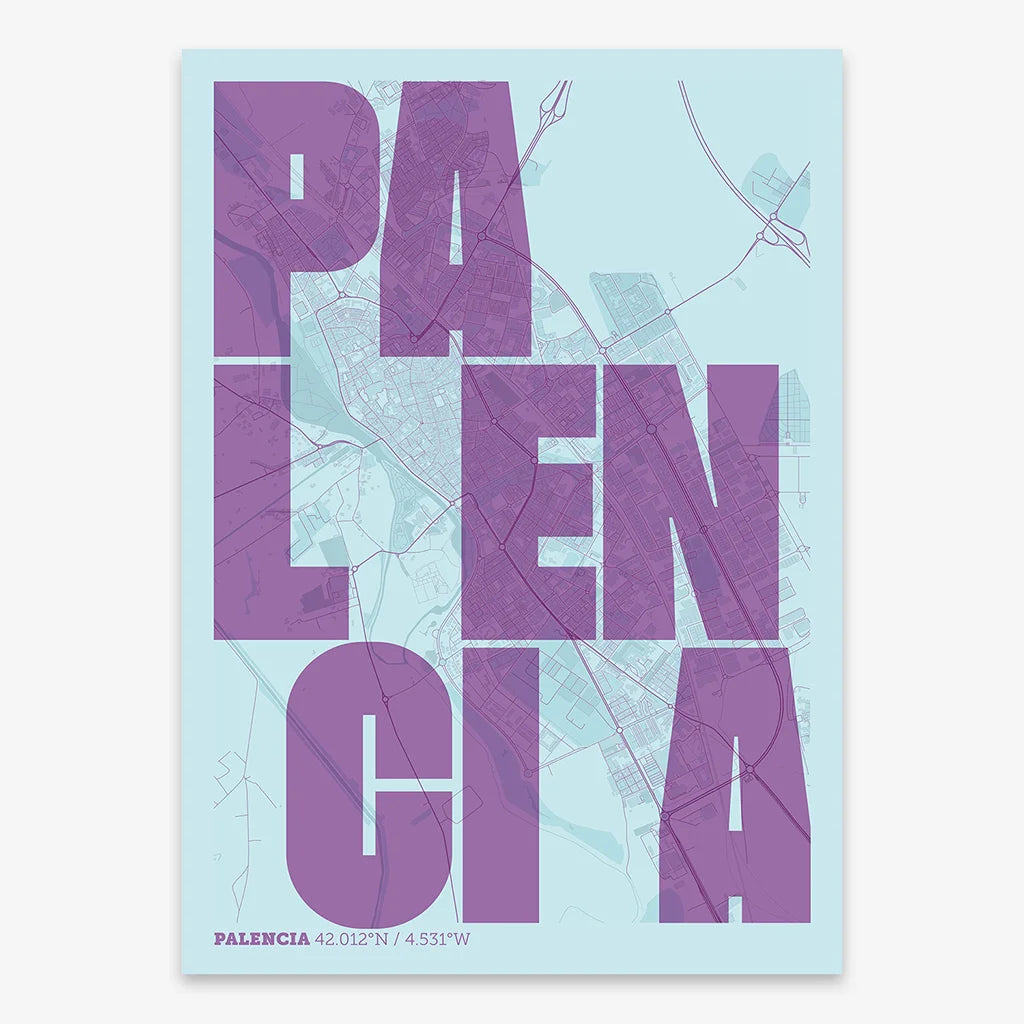 Decorative print of Palencia with letters of its name placed randomly, designed in purple and light blue