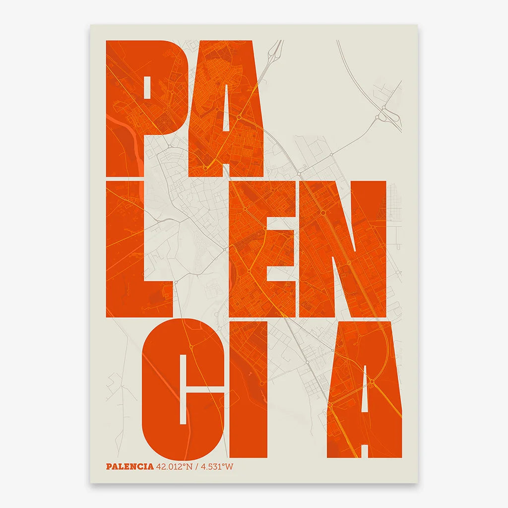 Decorative print of Palencia with letters of its name placed randomly, designed in orange and an off-white background